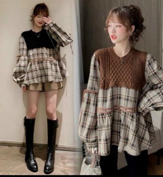 Áo bầu babydoll kẻ dáng rộng phối cách điệu cao cấp