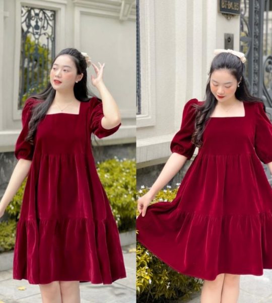 Váy Bầu Dáng xuông, đầm bầu nhung đỏ đô